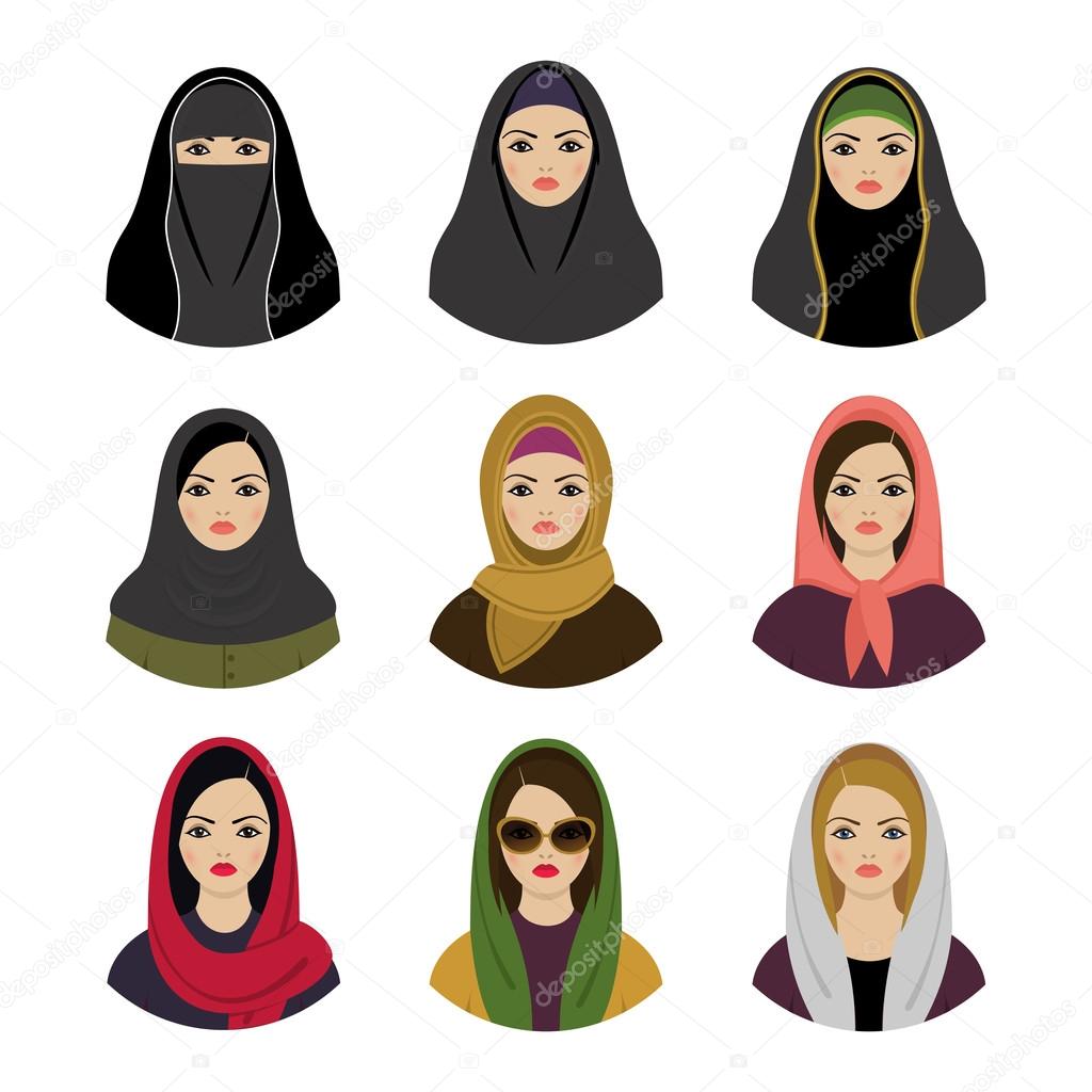 Muslim girls avatars set.