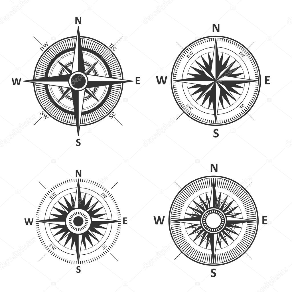 Wind rose compass symbols set