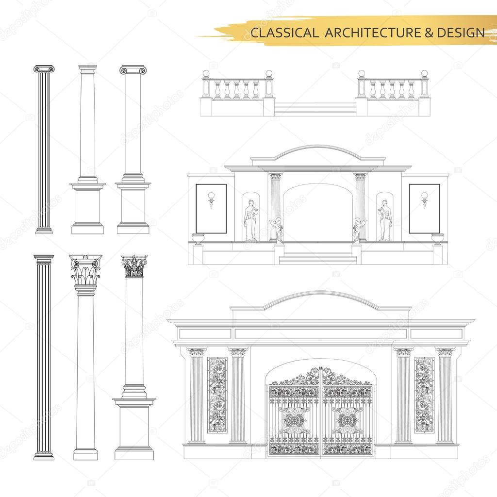 Classical architectural form drawings in set. Vector drawing des