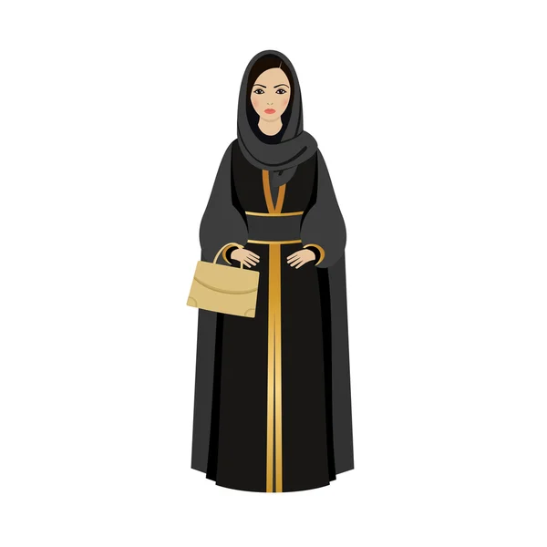 与传统的面纱的穆斯林女孩。穆斯林女孩穿的宽松长袍时尚豪 — 图库矢量图片