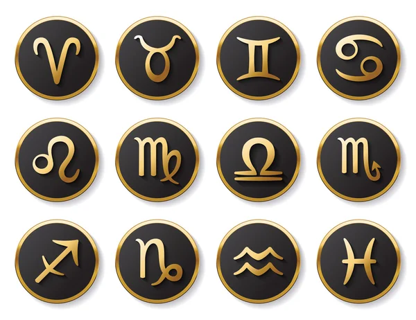 Signos dorados del zodíaco fijados para web e impresión. Conjunto de símbolos vectoriales — Vector de stock