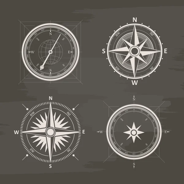 Vintage wind rose compasses in set. Isolated vector chalk drawn — Stockový vektor