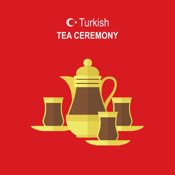 Turkish traditional Tea set on red background. Flat modern illustration concept for food design — Stock Vector