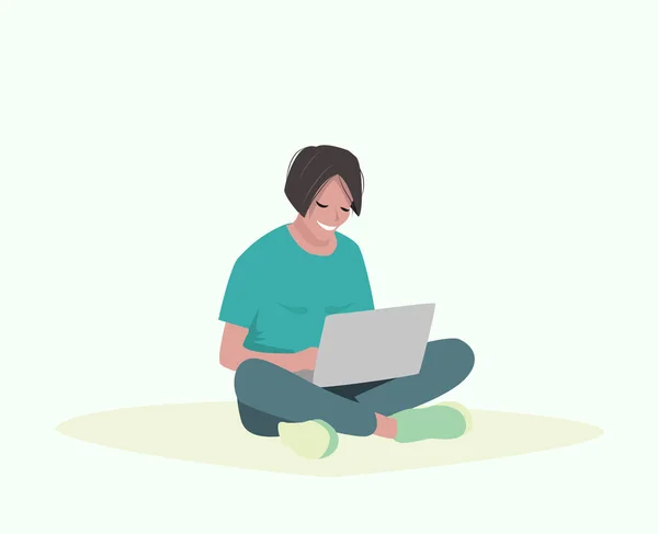 Žena Sedící Podlaze Laptopem Vektorová Ilustrace — Stockový vektor