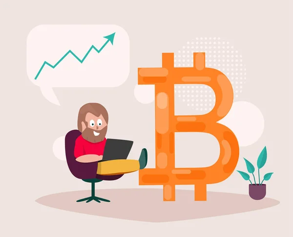 Homem Gosta Aumento Dos Preços Bitcoin Conceito Financeiro Ilustração Vetorial — Vetor de Stock