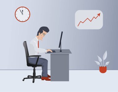 Ofiste çalışan bir iş adamı. Serbest çalışan ya da ofis çalışanı. Vektör illüstrasyonu.