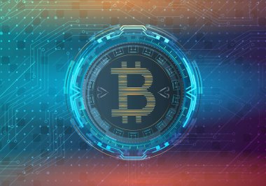 Soyut bir arkaplanda Bitcoin sembolü. Dijital para birimi kavramı..
