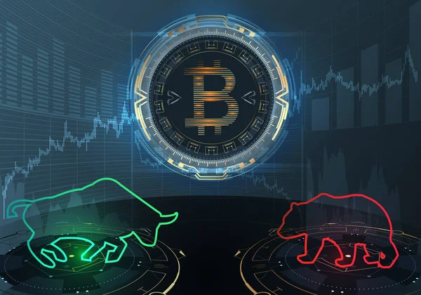 Boğa ve ayı siluetleri ve bitcoin sembolleri. Modern finans kavramı. Vektör illüstrasyonu.
