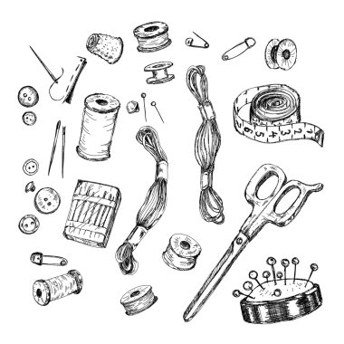 Son derece detaylı elle çizilmiş dikiş ve örgü araçları koleksiyonu.