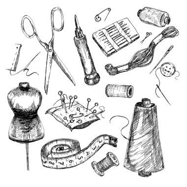 Collection of highly detailed hand drawn sewing and knitting tools. clipart