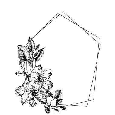 Manolya çiçekleri, yapraklar ve dallarla çerçevelenmiş