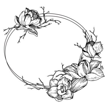 Manolya çiçekleri, yapraklar ve dallarla çerçevelenmiş