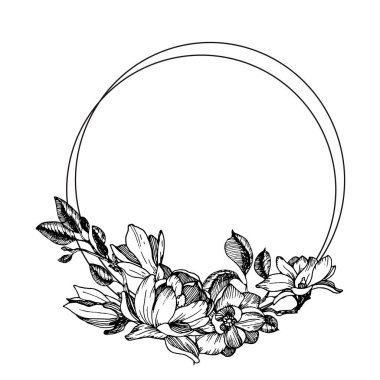 Manolya çiçekleri, yapraklar ve dallarla çerçevelenmiş