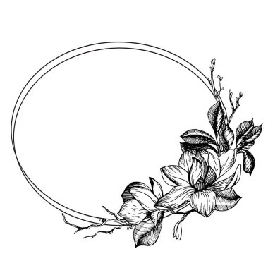 Manolya çiçekleri, yapraklar ve dallarla çerçevelenmiş