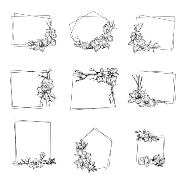 Moldura com flores de magnólia, folhas e ramos Gráficos Vetores