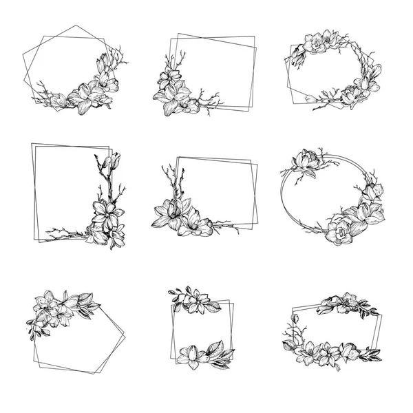 Рамка с цветами, листьями и ветвями магнолии Лицензионные Стоковые Иллюстрации