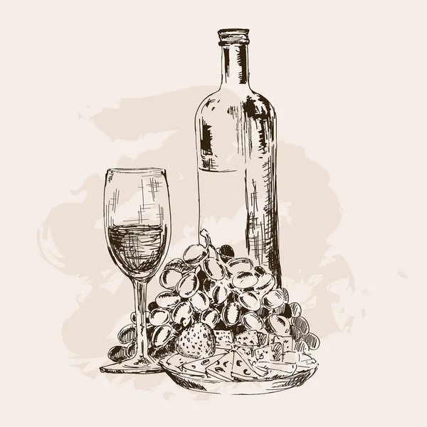 Botella de vino, copa, uvas — Vector de stock