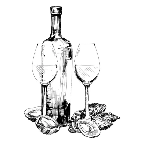 Botella de vino, ostras y vasos — Vector de stock