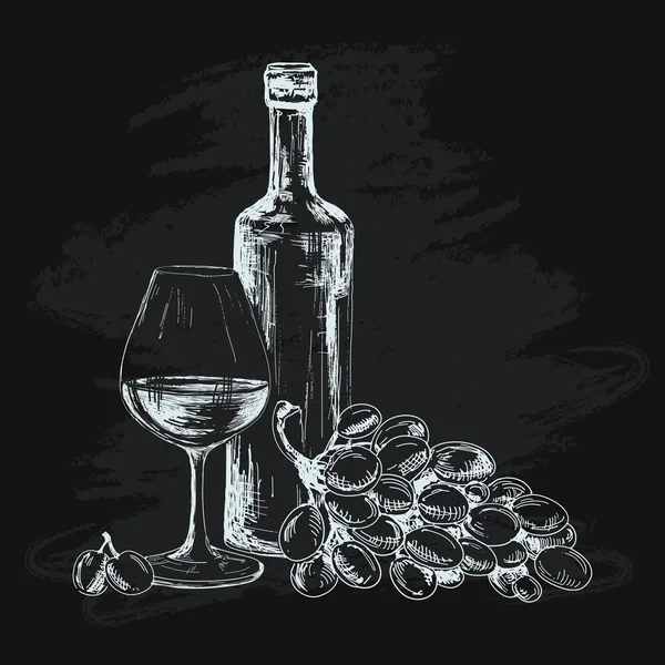 Vino, copa y uvas — Vector de stock