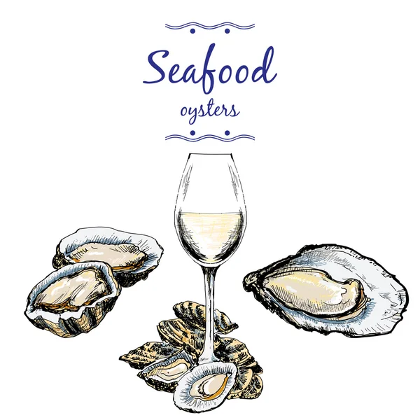 Oesters en wijn glas. — Stockvector