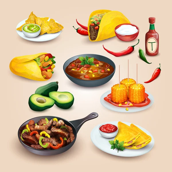 Comida mexicana. Conjunto de objetos — Vector de stock
