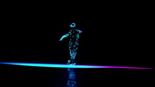 3 차원 그래픽, 빛나는 입자들로부터 모여 마지막에 입자들로 분해되는 춤을 추는 힙합 남자 — 비디오