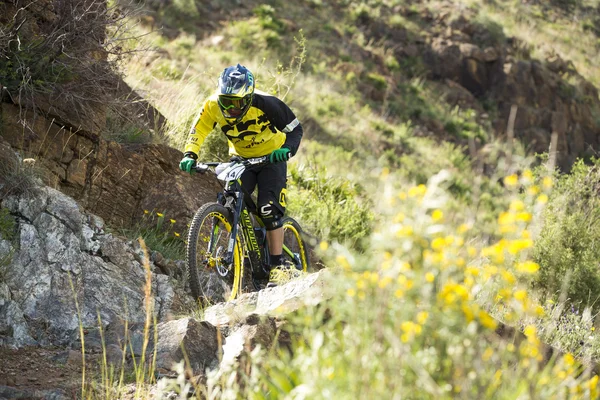 Malaga, spanien - 30. märz: unbekannter rennfahrer beim wettbewerb des mountainbikes "big ride open de spain de enduro" am 30. märz 2014 in malaga, spanien — Stockfoto