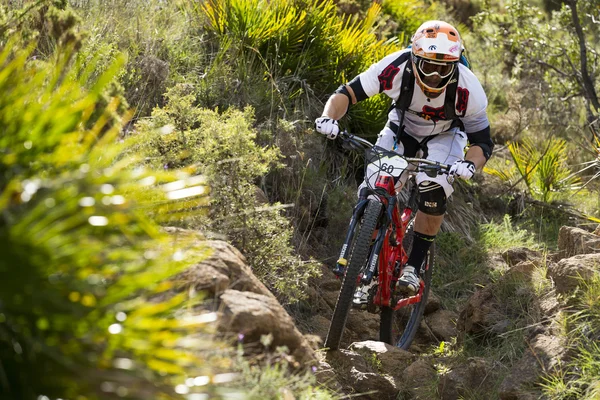 MALAGA, España - 30 DE MARZO: Corredor desconocido en la competición de la bicicleta de montaña "BIG RIDE Open de Spain de Enduro" el 30 de marzo de 2014 en Málaga, España —  Fotos de Stock