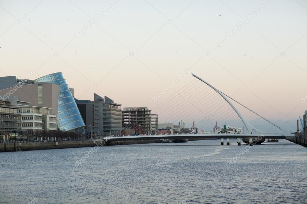 The Samuel Beckett Bridge crosses the Liffey River in Dublin.