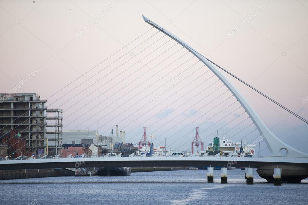 The Samuel Beckett Bridge crosses the Liffey River in Dublin.