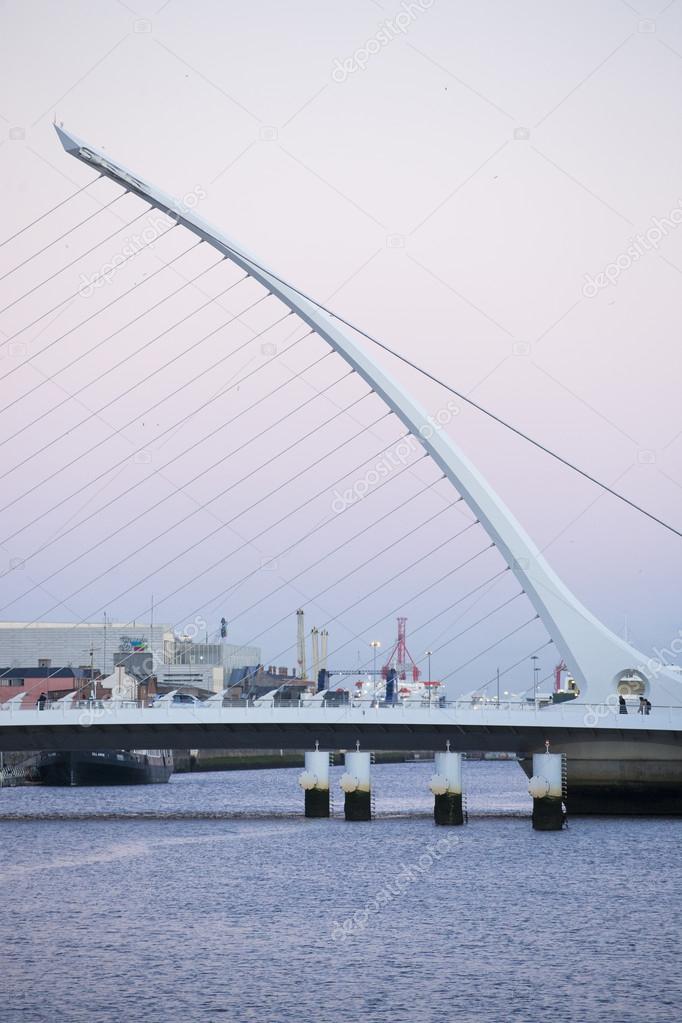 The Samuel Beckett Bridge crosses the Liffey River in Dublin.