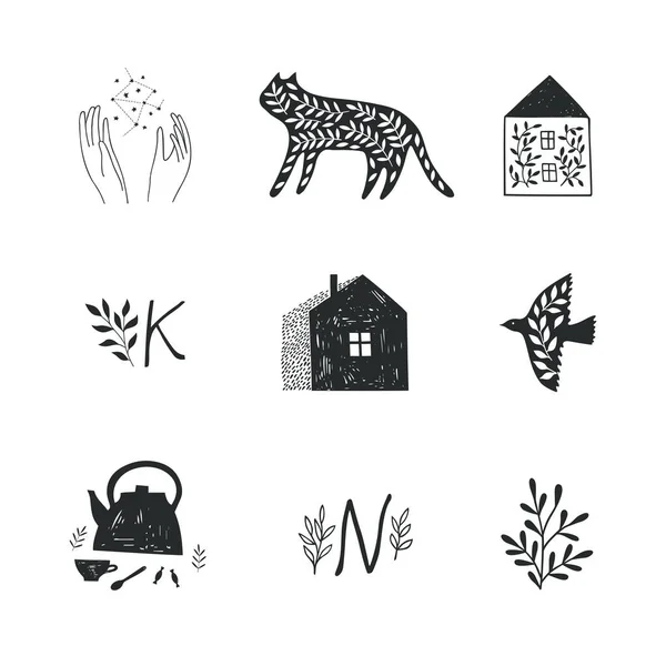 Set Simboli Illustrazioni Disegnati Mano — Vettoriale Stock