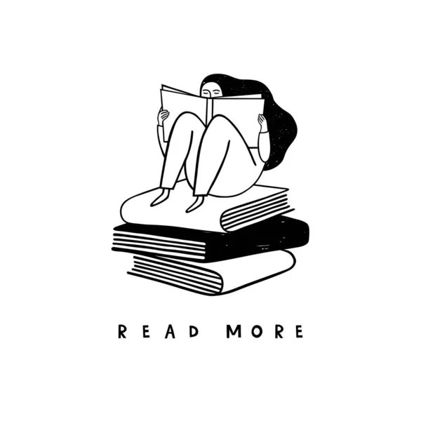 本を読んでいる少女のグラフィックイラスト もっと読む ポスター 白い背景のベクトルイラスト ロイヤリティフリーのストックイラスト