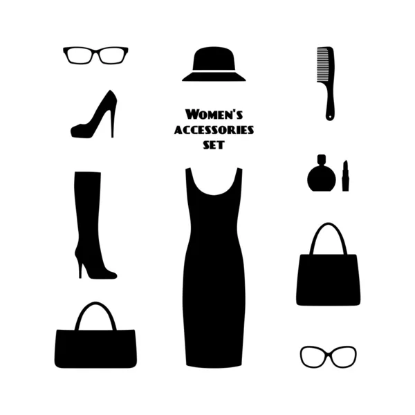 Aantal vrouwen accessoires en kleren onderwerpen, — Stockvector