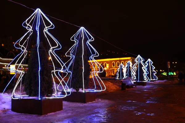 Glowing Neon Christmas Trees New Year — Stock Fotó