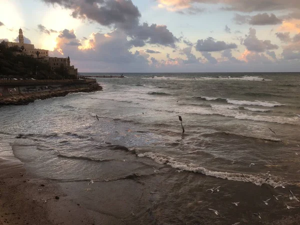 Бурное Море Ветер Волны Вечер Тель Авив — стоковое фото