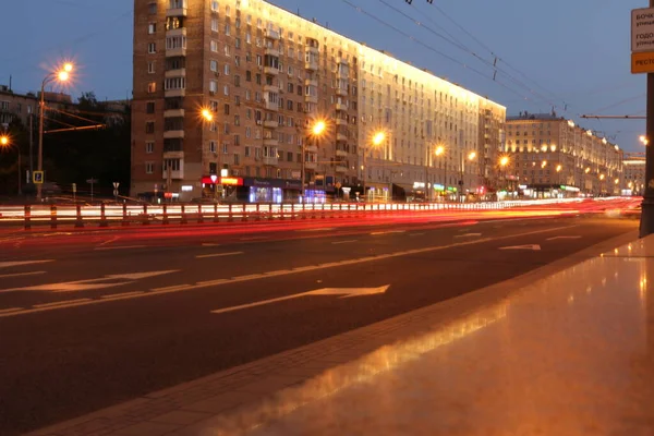 Evening Moscow Road Blurred Headlights Cars — Stock Photo, Image