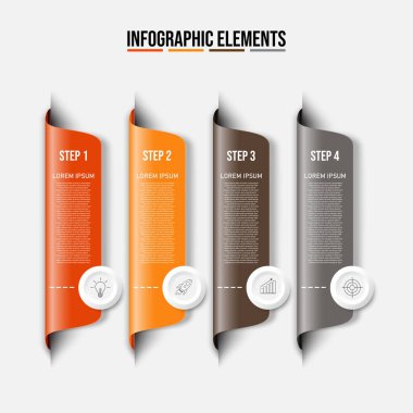 Renkli dikdörtgen bilgi grafikleri, ince çizgi piktogramlar, işaretler ve metin kutusu, 4 ardışık adımlı iş modeli kavramı, modern tasarım şablonu, basamaklar veya süreçler.