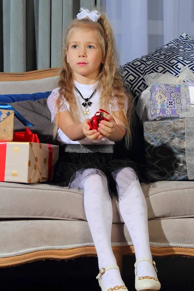 Russian Girl Blonde Hair Sitting Couch Christmas Gifts Boxes — Stock Photo, Image
