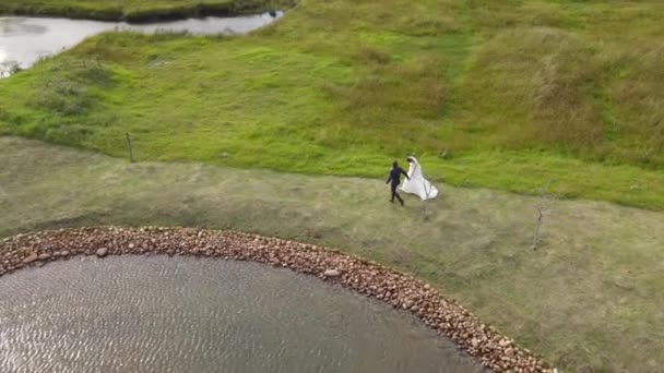 Bruid en bruidegom lopen langs vijver schot vanuit hoge hoek — Stockvideo