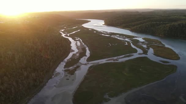 Vue aérienne du drone survolant la rivière au coucher du soleil — Video