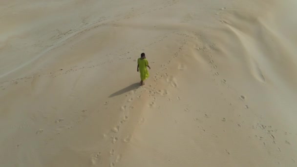 Aerial view of woman walking on sand dune — Stock Video