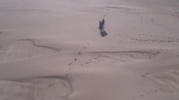 Drone survolant un couple marchant le long des dunes — Video