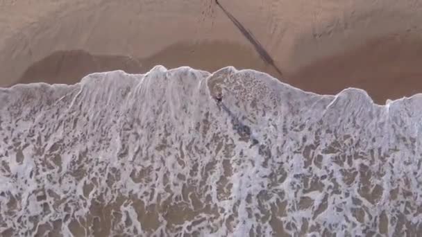 Dron przelatujący nad parą, która ma chwilę na plaży. — Wideo stockowe