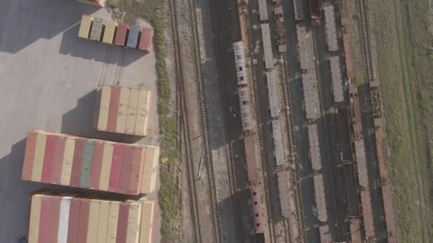 Vista de ángulo alto de trenes y contenedores de carga disparados desde arriba — Vídeo de stock