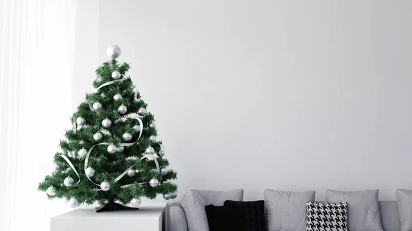 Árbol Navidad Decorado Sala Estar Blanca Concepto Fondo Ilustración — Foto de Stock