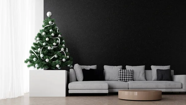 Árbol Navidad Decorado Salón Luminoso Con Pared Maqueta Vacía Negra —  Fotos de Stock