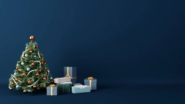 Arbre Noël Décoré Présente Dans Une Pièce Bleue Vide Concept Images De Stock Libres De Droits