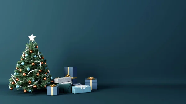 Arbre Noël Décoré Présente Dans Une Pièce Verte Vide Concept Photo De Stock