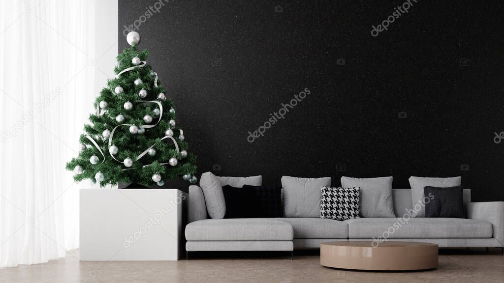 decorated christmas tree in bright living room with black empty mockup wall, 3D illustration background concept